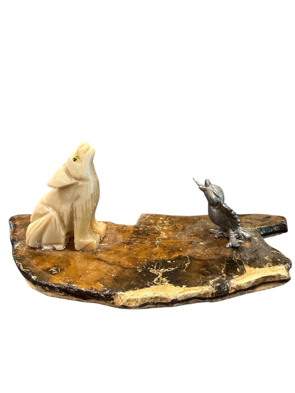 Vintage petrified wood Wolf howling + bird scene art onyx metal